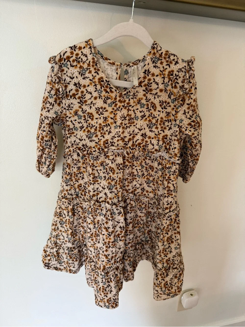 Rylee + Cru Cream Floral Tiered Dress with Mustard and Navy Print